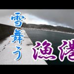 雪が舞う漁港で釣り