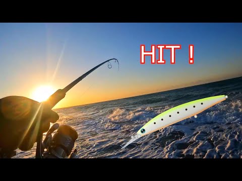 【サーフ釣り】キタッ…！風速9mの海でとあるミノーを投げると...